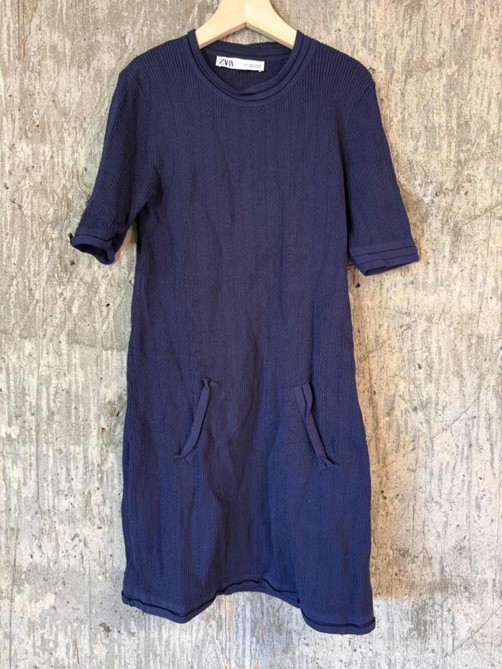 ZARA Women's Knit Mini Pocket Dress in navy blue